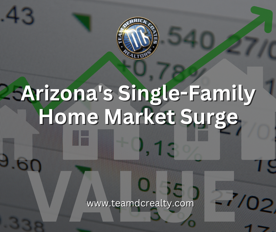 Graphic showing rising arrow over one-dimensional house shapes with a spreadsheet in the background.