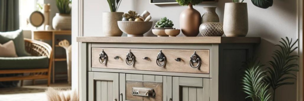 Photo of rustic but refinished Cabinet with pots and planters on top.