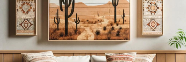 Decorative framed southwestern patterns and saguaro cactus painting on wall.