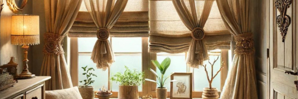 Custom neutral colored fabric curtains on bedroom window.