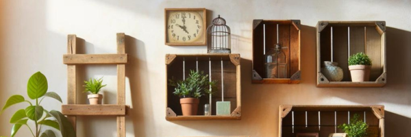 Repurposed crates hung on wall to provide shelving fro plants and pottery.
