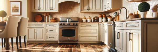 Beautiful kitchen with repainted cabinets with stylized handles.