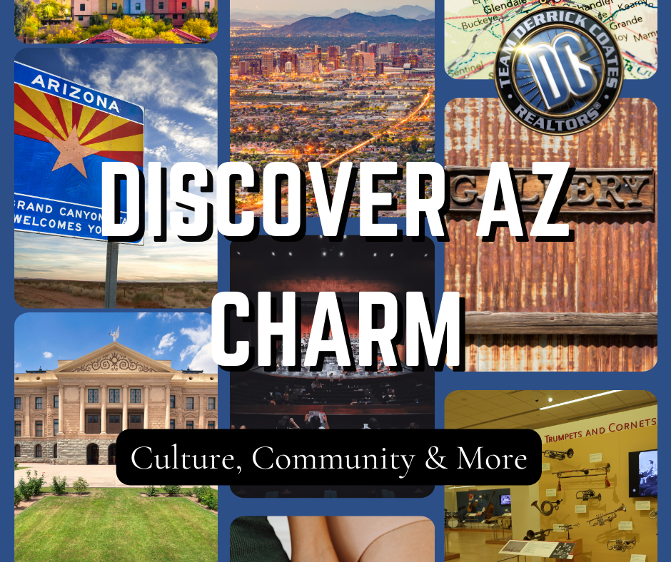 Collage of images including Arizona road sign, Phoenix skyline,