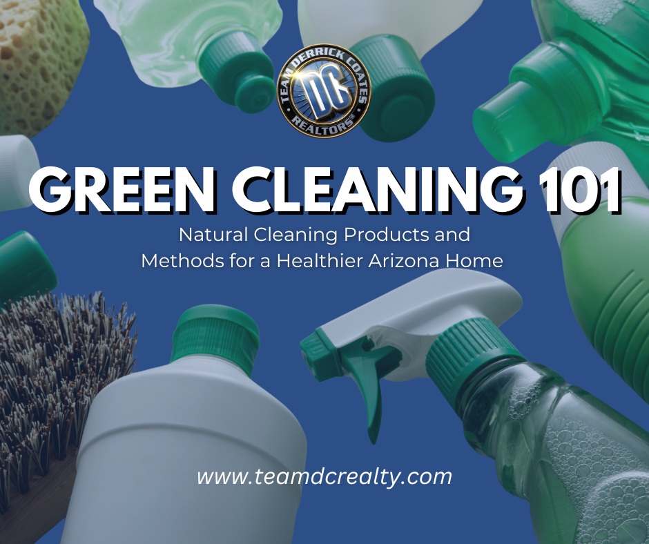 Photo of blue sky with various green cleaning bottles and supplies framing the image.