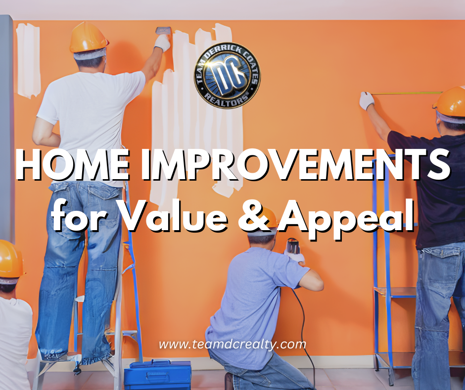 4 construction workers fixing an orange wall by painting, drilling and measuring.