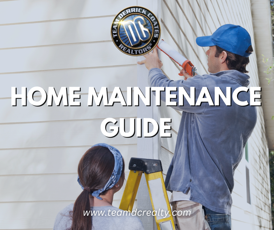 Photo of man caulking side of house on a stepladder and a woman is standing next to him.