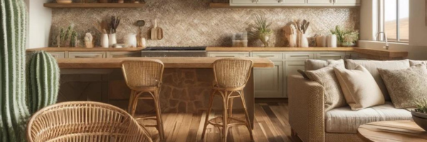 Image of neutral tone kitchen and living room with cacti in planters.