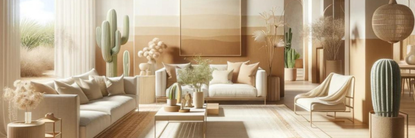 Image of neutral tones living room with monochromatic shades of tan with green plants in planters spread throughout.
