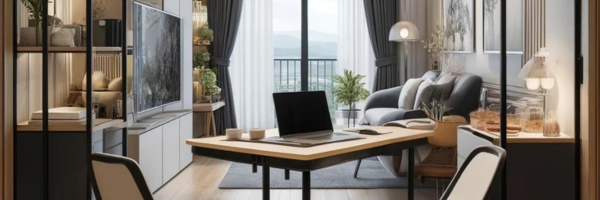 Image of office with a computer on the desk into a living room looking upon a living room employing dark elements contrasting with light elements throughout the space.