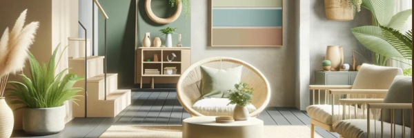 Living room view with stairs on the right with soft pastel colors.