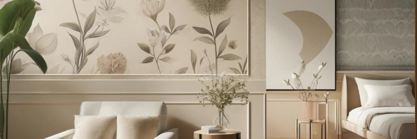 View of living room with furniture focusing on plant wallpaper on the walls.
