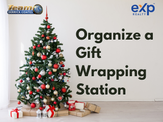 Image of a Christmas tree surrounded by wrapped presents in a living room with window on left side.