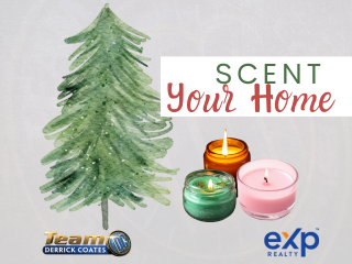 Title Graphic for Scent Your Home with hand drawn renderings of tree with candles.