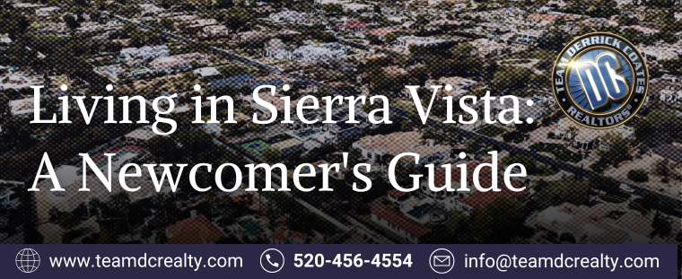 TItle graphic with background image of drone shot of upscale community in Sierra Vista.