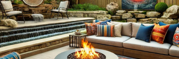 Backyard patio with firepit surrounded by a neutral colored outdoor couch with multicolored pillows adding accents. Multiple waterfalls can be seen in the background.