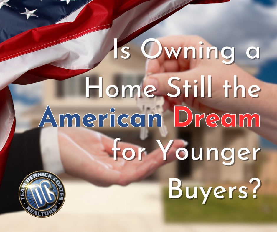 Photo of one hand giving keys to another hand with home in the background and an American flag frames the photo in the upper left corner.