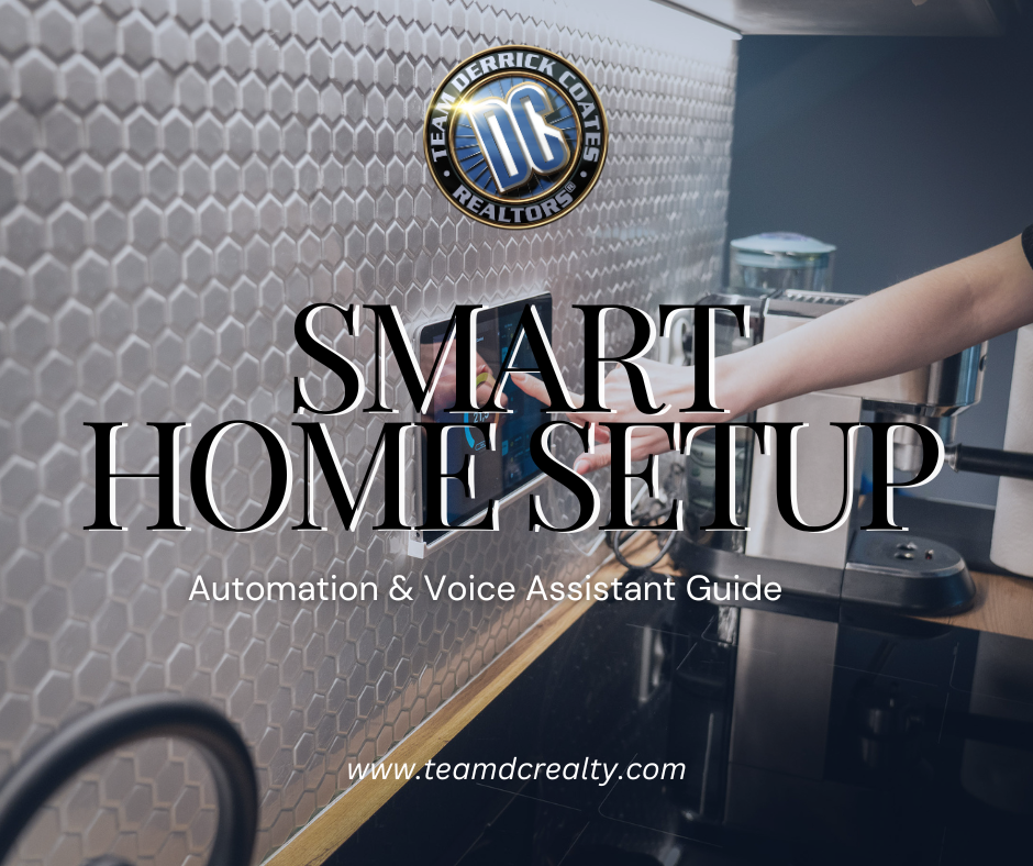 Ladies hand reaching out to touch a smart device mounted on a silver tile wall in a kitchen.